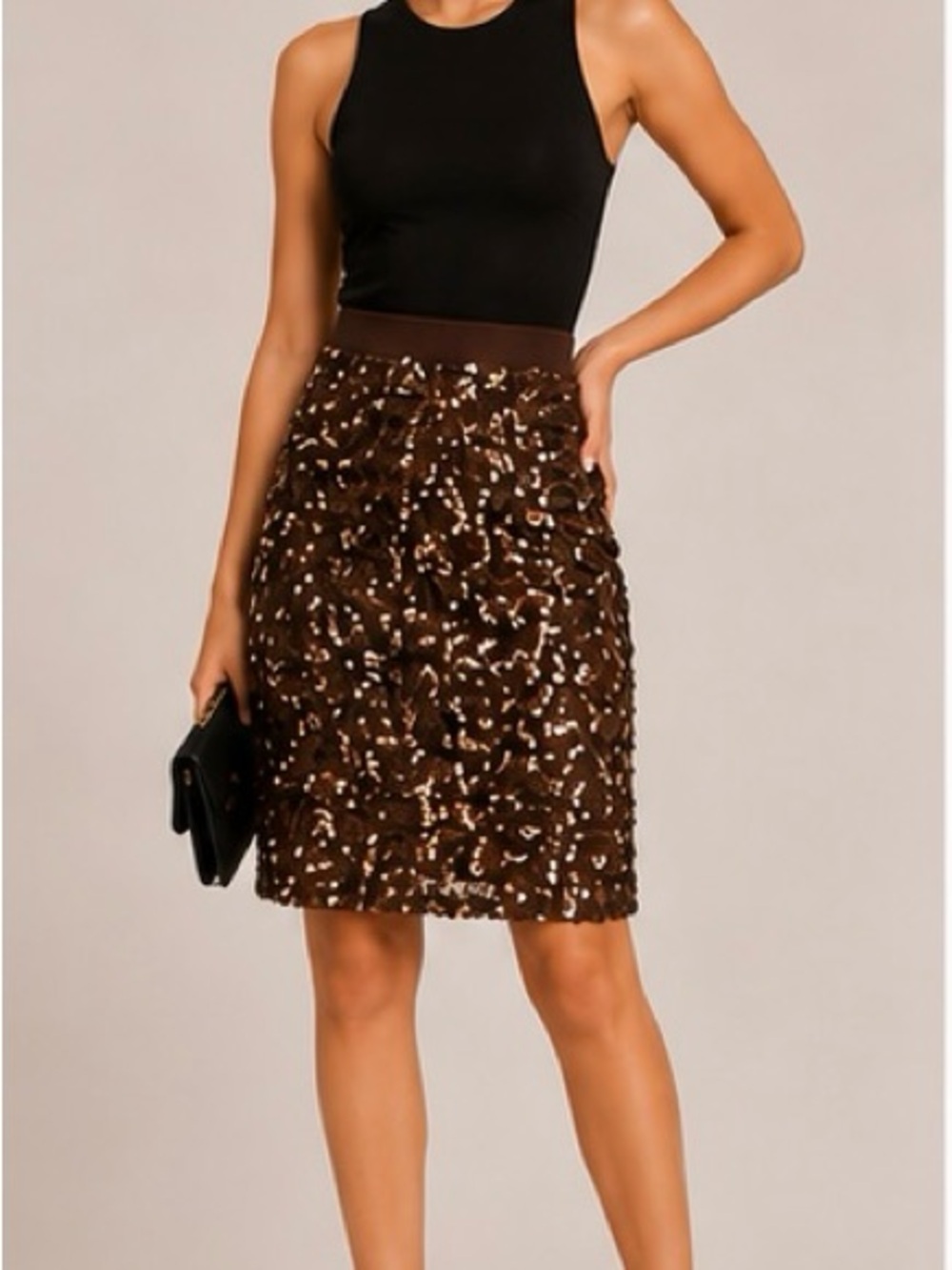 BCBGMaxAzria Brown Sequin-Embellished Midi Pencil Skirt